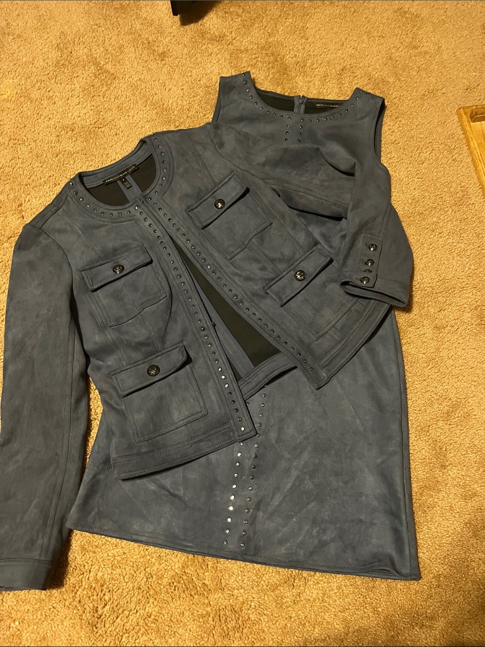White House Black Market Navy Suede-Look Stud Trim Jacket & Dress Set